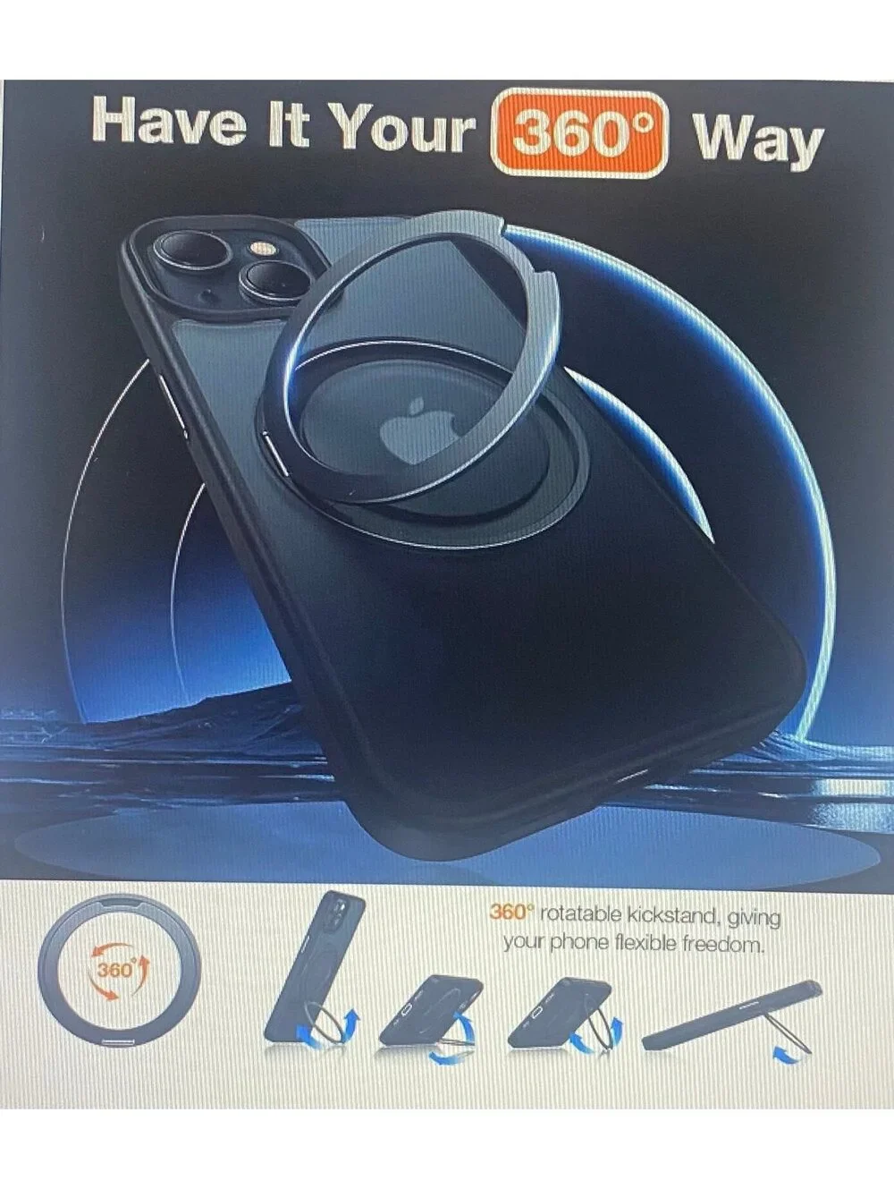 Torras 360 degree Rotatable Stand Case for iPhone 15/14 Black Translucent